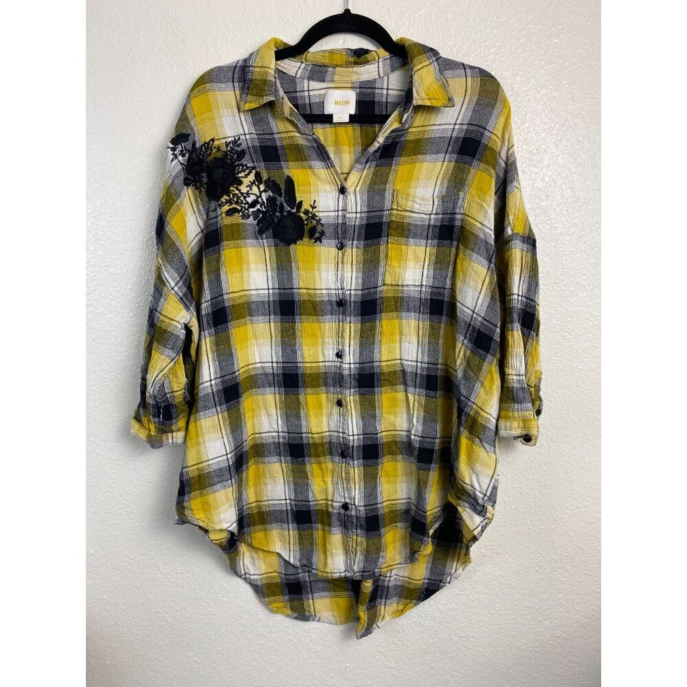 Maeve Yellow Checkered All day Wear Shirt Floral Tunic Shirt size Large Oversize